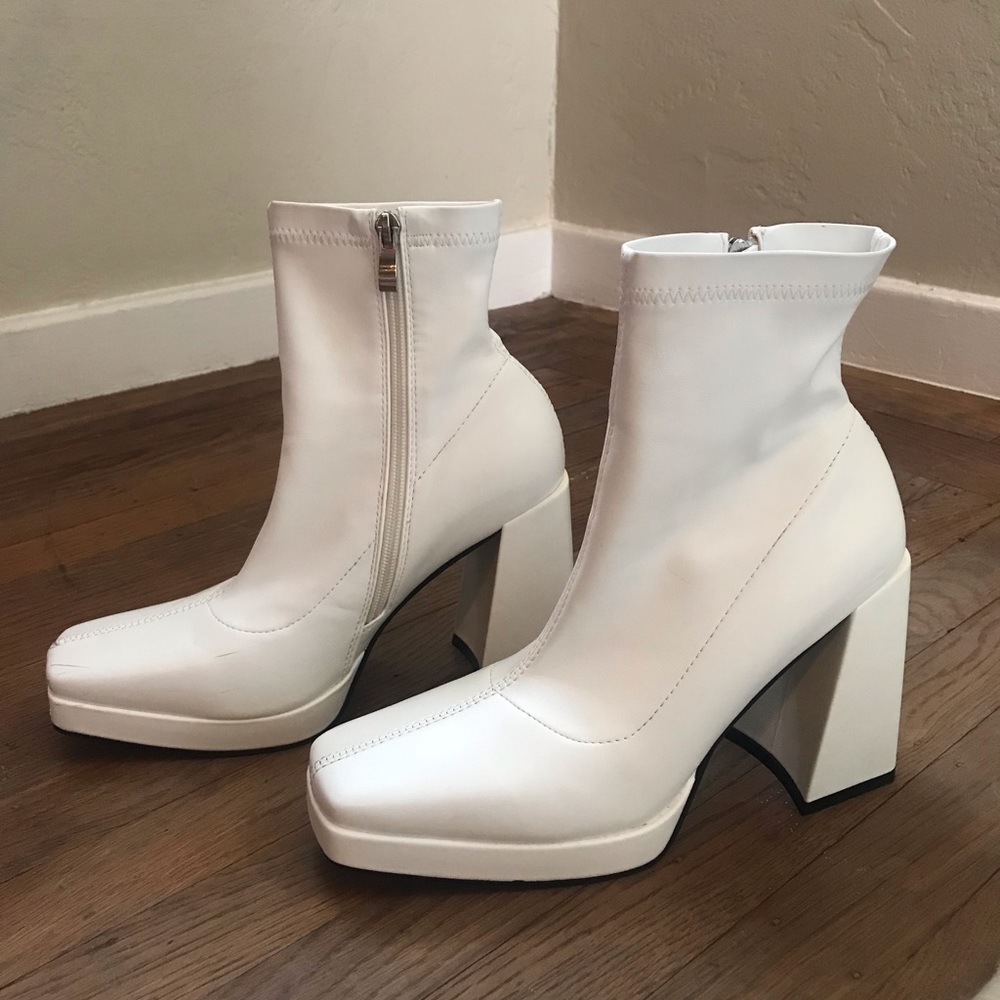 White pleather block-healed boots